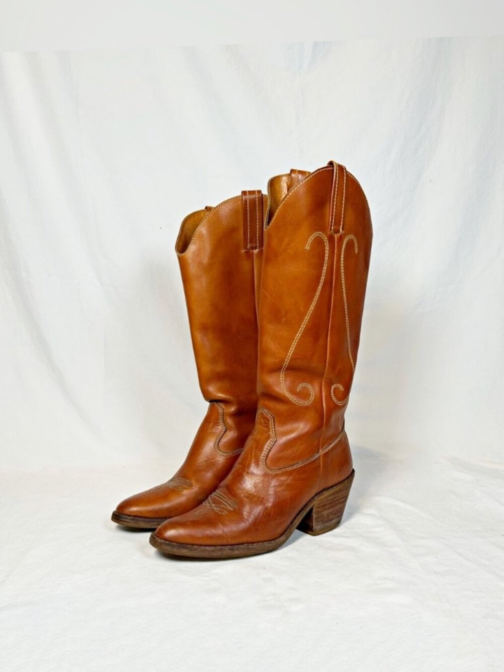 Vintage Nine West Cognac Leather Boho Campus Cowgirl Western Boots~7~Brazil